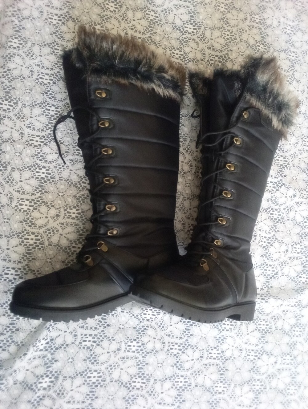 CELIA WOMENS BLACK KNEE-HIGH WINTER BOOTS - SIZE 11 Quilted Waterproof Faux Fur
